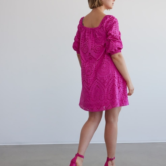 Reitmans Cotton Sz 1X Eyelet Dress Square Neck Fushia  Puff Sleeve Sundress - Picture 2 of 9